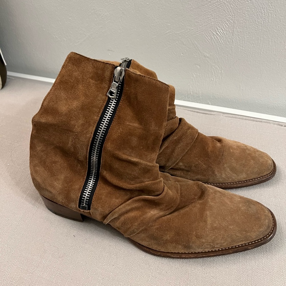 Men's Brown Skinny Stack Ruched Suede Boots size 44